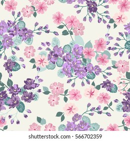 Padrão elegante e elegante da moda de buquês. Millefleurs. Estilo Liberty. Fundo sem costura floral para têxtil, tecido de algodão, capas, fabricação, papéis de parede, impressão, embrulho e scrapbooking.