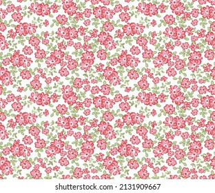 Elegante y elegante diseño en flor a pequeña escala. Millefleurs. Estilo de la libertad. Sin soldadura floral sobre fondo rojo para textiles, desgaste de los hombres, tela de algodón, cubiertas, papel pintado,