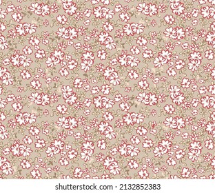 Elegant gentle trendy pattern in small-scale flower. Millefleurs. Liberty style. Floral seamless on beige background for textile, mens wear, cotton fabric, covers, wallpapers, print,