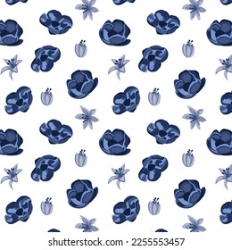 Elegante y elegante diseño en flor a pequeña escala. Millefleurs. Estilo de la libertad. Sin soldadura floral sobre fondo azul para textiles, desgaste de los hombres, tela de algodón, cubiertas, papel pintado,