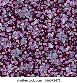 Elegant gentle trendy pattern in small-scale purple flower. Millefleurs. Liberty style. Floral seamless background for textile, cotton fabric, covers, wallpapers, print, gift wrap and scrapbooking.