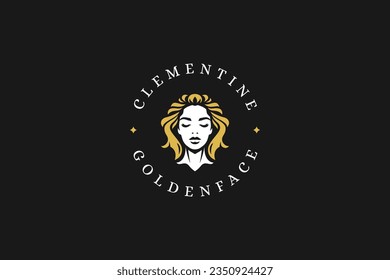 Elegante cara de mujer gentil con el logo de la silueta de belleza natural diseño plantilla de vector ilustración plana. Moda romántica elegante retrato femenino mínimo emblema retro cuidado de la piel spa maquillaje cosmetología