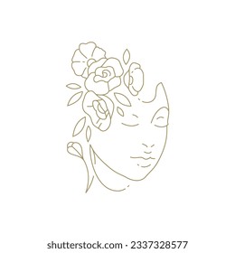 Elegante cara de mujer gentil con flores orgánicas estilo de cabello línea continua de arte de belleza ilustración vectorial de belleza. Retrato femenino romántico floral natural floral floral flor icono para la impresión de lienzo de camiseta