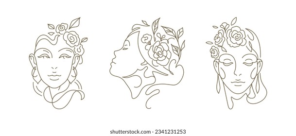 Elegante mujer gentil con flores retrato estético de línea continua de arte logo conjunto ilustración vectorial. Hermoso romántico floral cabeza hembra botánica flor icono de planta para cosmética natural del cuidado de la piel