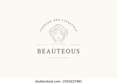 Elegante y gentil joven mujer con retrato de belleza natural línea de arte diseño modelo de ilustración vectorial. Moda romántica cara femenina emblema mínimo cosmetología cirugía plástica spa cuidado de la piel salón