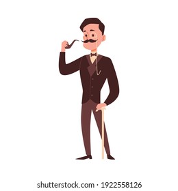 Elegant gentleman of 19th century vintage cartoon character, flat vector illustration isolated on white background. Gentleman leaning walk cane and smoking a pipe.