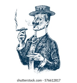 Elegant gentleman in boater hat holding glass of beverage and cigar. Retro Vintage vector engraving style. Victorian Era hand drawn lineart illustration