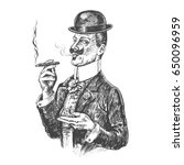 Elegant gentleman in Bowler hat holding glass of beverage and cigar. Retro Vintage vector engraving style. Victorian Era hand drawn lineart illustration