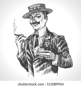 Elegante caballero en sombrero sosteniendo un vaso de bebidas y puros. Estilo vintage de grabado vectorial. Ilustración dibujada a mano en la era victoriana