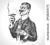 Elegant gentleman holding glass of beverage and cigar. Vintage vector engraving style. Victorian Era hand drawn illustration