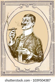 Elegant gentleman holding glass of beverage and cigar. Vector frame in vintage style. Engraving Victorian Era hand drawn illustration. Background of ancient parchment