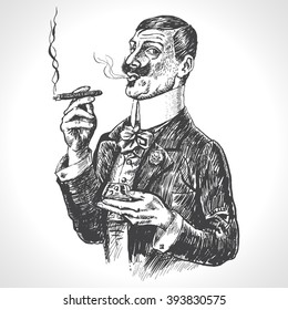 Elegant gentleman holding glass of beverage and cigar. Vintage vector engraving style. Victorian Era hand drawn illustration