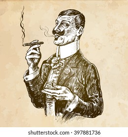 Elegant gentleman holding glass of beverage and cigar. Vintage engraving style. Victorian Era hand drawn vector illustration