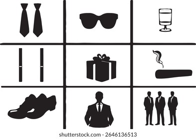Elegant Gentleman Icons Set | Tie, Suit, Shoes, Cigar, Gift, Sunglasses, Drink, Men Style Vectors