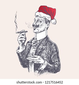 Elegant gentleman in red Santa's hat holding glass of beverage and cigar. For new year's day, Christmas party. Vintage vector engraving style. Victorian Era hand drawn illustration