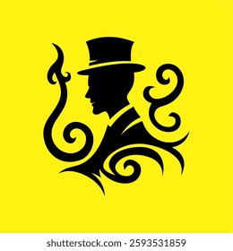 Elegant Gentleman Silhouette with Top Hat and Ornamental Swirls – Vintage Vector Illustration