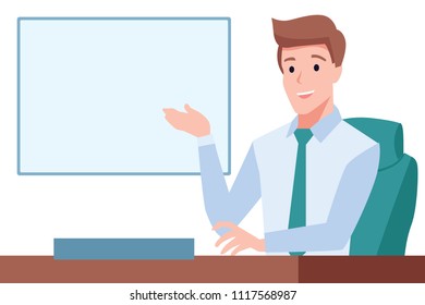 Elegant gentleman sit on chair presenting something on whiteboard, Office environment, Leader boss