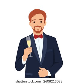 Elegant Gentleman Toasting with Champagne. Flat vector illustration isolated on white background
