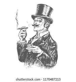 Elegant gentleman in top hat holding glass of beverage and cigar. Retro Vintage vector engraving style. Victorian Era hand drawn lineart illustration