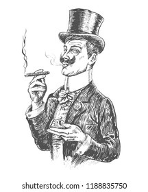 Elegant gentleman in top hat holding glass of whisky and cigar. Retro Vintage vector engraving style. Victorian Era hand drawn lineart illustration