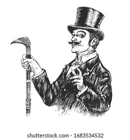 Elegant gentleman in top hat holding exquisite cane. Men's portrait. Retro Vintage vector engraving style. Victorian Era hand drawn lineart illustration