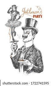 Elegant gentleman in top hat holding glass of whisky and cigar. On a cigar dancing girl in the style of the1920s.Vintage vector engraving style. Hand drawn lineart retro poster template 