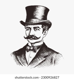 Elegant gentleman in top hat with mustache and whisker. Vintage style. Victorian Era hand drawn vector illustration retro english man dandy isolated