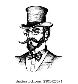 Elegante caballero con sombrero alto con bigote y whisky. Estilo vintage. Ilustración de vector de la era victoriana retro hombre inglés dandy aislado