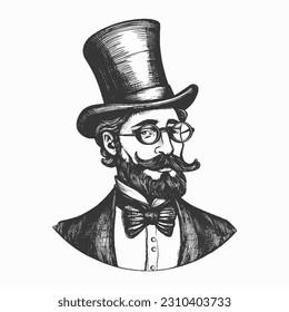 Elegant gentleman in top hat with mustache and whisker and glasses. Vintage style. Victorian Era hand drawn vector illustration retro english man dandy isolated	
