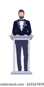 Um elegante cavalheiro em um smoking oferece uma apresentação formal de um leitor moderno