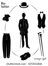 Elegant gentleman, vintage illustration of classic man clothing. Man`s fashion set. 

