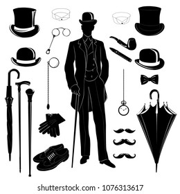 Elegant gentleman, vintage illustration of classic man clothing and accessories. Man`s fashion set. 

