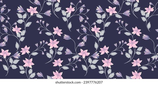 Elegant gently retro branches with flowers bells seamless pattern. Vector hand drawn. Artistic, abstract pink branches floral and leaves, buds on a dark blue back print. Design for fashion, fabric