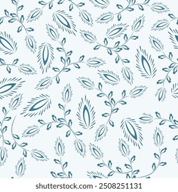 Elegant gently retro branches with flowers bells seamless pattern. Vector hand drawn. Artistic, abstract pink branches floral and leaves, buds on a dark blue back print. Design for fashion, fabric