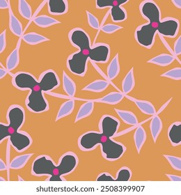 Elegant gently retro branches with flowers bells seamless pattern. Vector hand drawn. Artistic, abstract pink branches floral and leaves, buds on a dark blue back print. Design for fashion, fabric