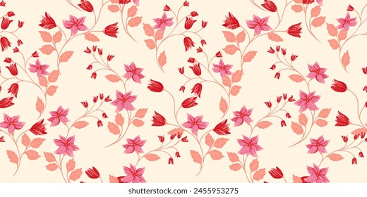 Elegant gently retro seamless pattern with branches tiny flowers bells, small leaves. Vector hand drawn. Artistic, abstract wild floral stems intertwined in a light patterned. Template for designs