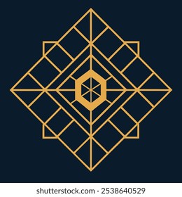 Un elegante logotipo geométrico Art Deco con intrincadas líneas de filigrana en un patrón cuadrado y rombo. Ideal para la marca de lujo, este icono ornamental destaca sobre un fondo oscuro.