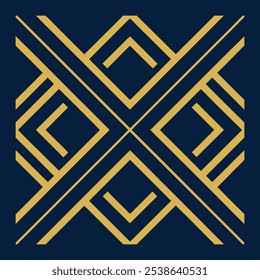 Un elegante logotipo geométrico Art Deco con intrincadas líneas de filigrana en un patrón cuadrado y rombo. Ideal para la marca de lujo, este icono ornamental destaca sobre un fondo oscuro.