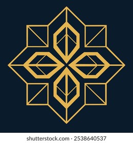 Un elegante logotipo geométrico Art Deco con intrincadas líneas de filigrana en un patrón cuadrado y rombo. Ideal para la marca de lujo, este icono ornamental destaca sobre un fondo oscuro.