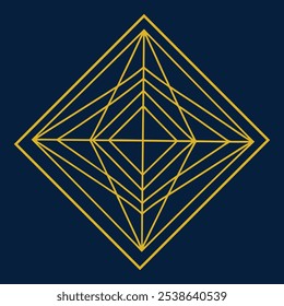 Un elegante logotipo geométrico Art Deco con intrincadas líneas de filigrana en un patrón cuadrado y rombo. Ideal para la marca de lujo, este icono ornamental destaca sobre un fondo oscuro.