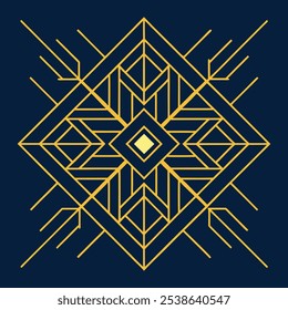 Un elegante logotipo geométrico Art Deco con intrincadas líneas de filigrana en un patrón cuadrado y rombo. Ideal para la marca de lujo, este icono ornamental destaca sobre un fondo oscuro.