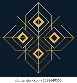 Un elegante logotipo geométrico Art Deco con intrincadas líneas de filigrana en un patrón cuadrado y rombo. Ideal para la marca de lujo, este icono ornamental destaca sobre un fondo oscuro.