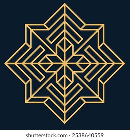 Un elegante logotipo geométrico Art Deco con intrincadas líneas de filigrana en un patrón cuadrado y rombo. Ideal para la marca de lujo, este icono ornamental destaca sobre un fondo oscuro.