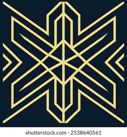 Un elegante logotipo geométrico Art Deco con intrincadas líneas de filigrana en un patrón cuadrado y rombo. Ideal para la marca de lujo, este icono ornamental destaca sobre un fondo oscuro.