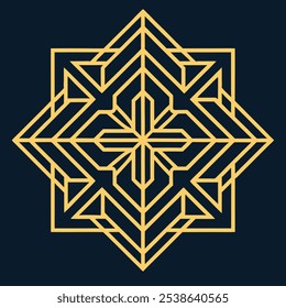 Un elegante logotipo geométrico Art Deco con intrincadas líneas de filigrana en un patrón cuadrado y rombo. Ideal para la marca de lujo, este icono ornamental destaca sobre un fondo oscuro.