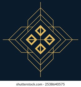 Un elegante logotipo geométrico Art Deco con intrincadas líneas de filigrana en un patrón cuadrado y rombo. Ideal para la marca de lujo, este icono ornamental destaca sobre un fondo oscuro.