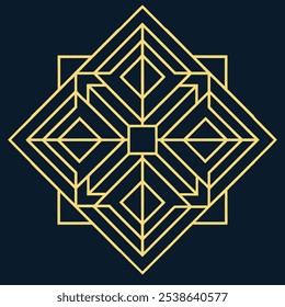 Un elegante logotipo geométrico Art Deco con intrincadas líneas de filigrana en un patrón cuadrado y rombo. Ideal para la marca de lujo, este icono ornamental destaca sobre un fondo oscuro.