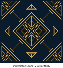 Un elegante logotipo geométrico Art Deco con intrincadas líneas de filigrana en un patrón cuadrado y rombo. Ideal para la marca de lujo, este icono ornamental destaca sobre un fondo oscuro.