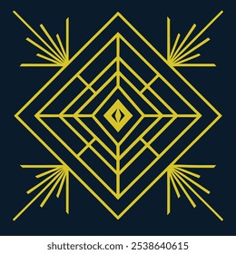 Un elegante logotipo geométrico Art Deco con intrincadas líneas de filigrana en un patrón cuadrado y rombo. Ideal para la marca de lujo, este icono ornamental destaca sobre un fondo oscuro.