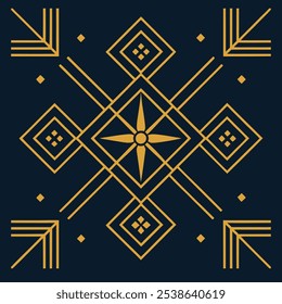 Un elegante logotipo geométrico Art Deco con intrincadas líneas de filigrana en un patrón cuadrado y rombo. Ideal para la marca de lujo, este icono ornamental destaca sobre un fondo oscuro.